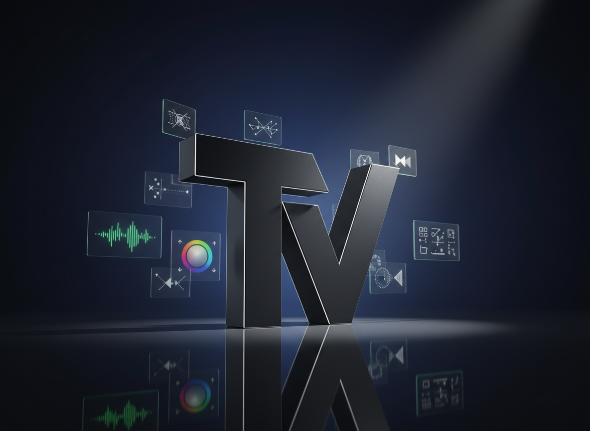 An abstract representation of “Tei TV” as a bold, physical logo object: a thick, matte-black monolithic ‘T’ and ‘V’ intertwined, standing on a reflective, ink-dark glass surface. Around it, translucent panels suspended in mid-air display tiny, frozen moments of media—waveforms, color grading wheels, motion paths—like a three-dimensional mood board. A strong, directional spotlight from above-right creates razor-sharp shadows and bright edge highlights on the logo’s beveled surfaces. Photographic realism with a low-angle composition that makes the symbol feel monumental and confident. The background fades into a smooth gradient from deep indigo to near-black, conveying a sense of depth, focus, and unapologetically bold identity for a multimedia portfolio.