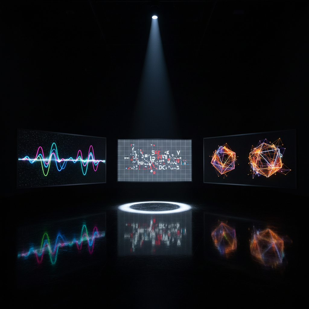 A minimalist, dark gallery room where three large floating screens hover in space, each screen showing a different abstraction of multimedia: one with pulsating neon sound waves on deep black, another with glitchy, deconstructed typography, and a third with fragmented 3D geometric shapes rotating slowly. The floor is glossy obsidian, mirroring the glowing screens with subtle distortion. A single overhead spotlight creates a sharp cone of light, leaving the rest of the space in velvety shadow. Photographic realism with a cinematic wide-angle composition, emphasizing negative space and reflections. The atmosphere is bold, experimental, and slightly futuristic, suggesting a portfolio where sound, motion, and form are in constant, fearless dialogue.