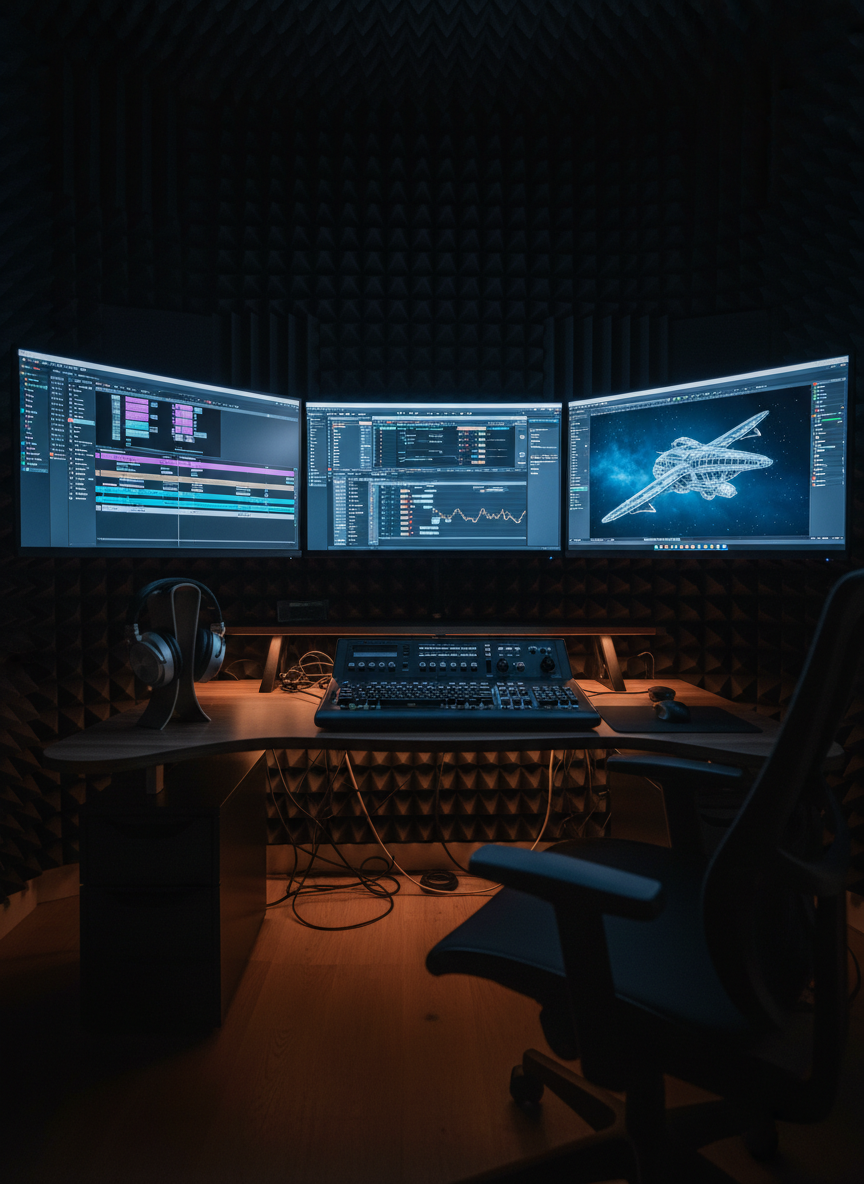 A highly detailed multi-screen editing bay in a dim, acoustically treated studio: three bezel-less monitors curve around a central point, one running a nonlinear video editor with layered clips, another showing a DAW with complex automation curves, and the third displaying a 3D scene in a viewport. Acoustic foam panels create angular patterns on the walls, and a pair of open-back studio headphones rests on a steel headphone stand. The space is lit primarily by the cool, luminous glow of the monitors, with subtle amber accent lighting tracing the desk’s edges. Photographic realism, shot at eye level with a slightly wide lens, capturing immersive depth. The mood is concentrated and powerful, showcasing a workspace where disciplines overlap seamlessly.