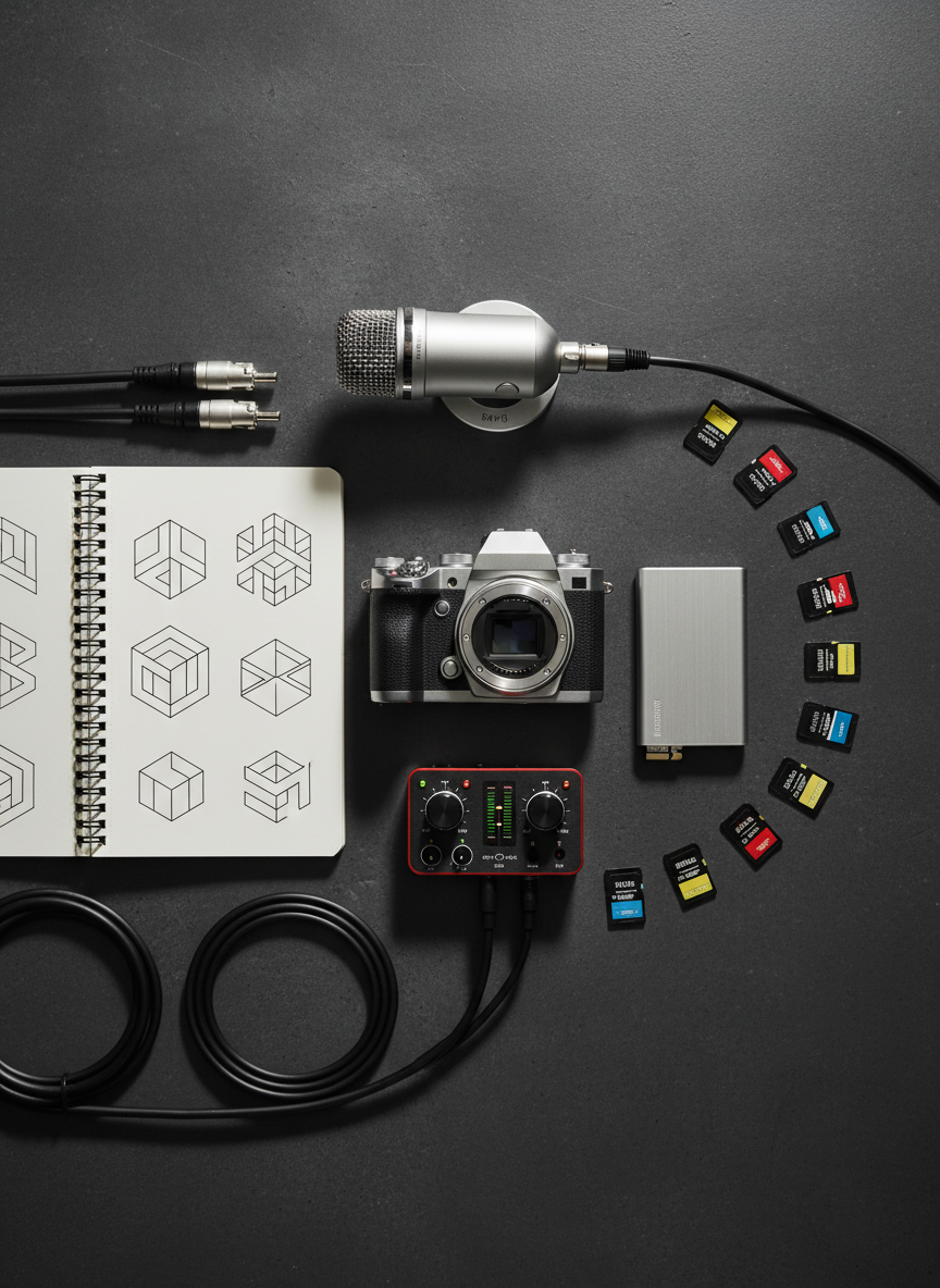 A meticulously organized flat lay of multimedia creation tools on a deep charcoal concrete surface: a high-end mirrorless camera with a metal body and detachable lens, an open sketchbook filled with geometric logo drafts, a compact audio interface with glowing level meters, and a sleek external SSD. Colorful SD cards, coiled XLR cables, and a metallic USB microphone radiate outward like a diagram of a creative ecosystem. Overhead studio lighting creates crisp, controlled shadows and subtle reflections, emphasizing texture and precision. Photographic realism, shot directly from above with edge-to-edge sharpness. The mood is bold and methodical, celebrating the intersection of sound, image, and design as a unified, essential toolkit.