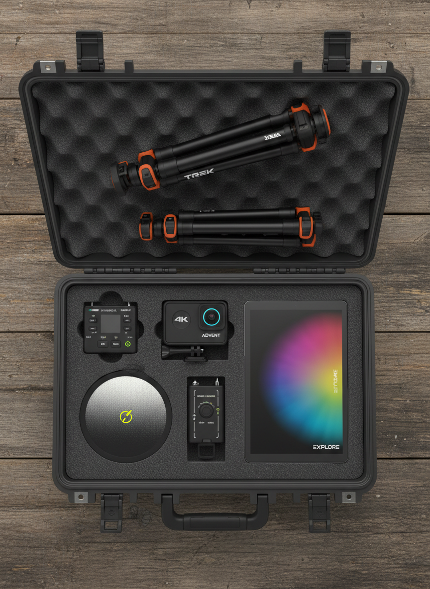 A stylized, top-down shot of a portable multimedia “field kit” neatly arranged inside an open, rugged hard case lined with precision-cut foam. Nestled inside are a compact 4K action camera, a tiny stereo audio recorder, a collapsible carbon-fiber tripod, a foldable reflector, and a slim laptop with a vivid spectrum gradient on its screen. Each item is black or dark gray with sharp, minimal branding, accented by small pops of neon color. Soft, diffused studio lighting reveals every texture, from the foam’s porous surface to the brushed metal hinges. Photographic realism with perfect flat-lay composition and crisp detail. The mood is adventurous and bold, suggesting a creator ready to capture sound and image anywhere, without compromise.