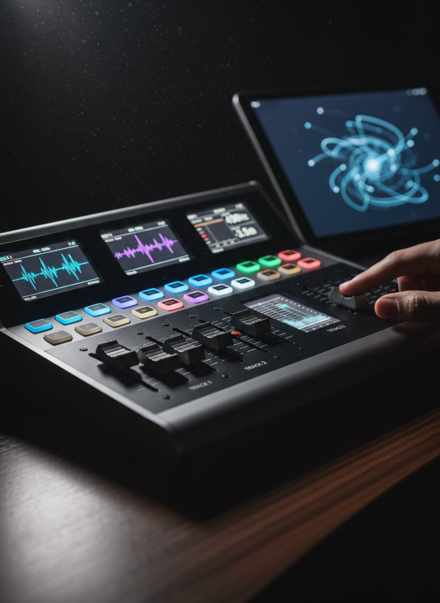 A close-up, cinematic shot of a glowing audio-visual control surface: motorized faders mid-move, multicolored LED buttons, and OLED mini-displays showing waveforms and parameter values. The device rests on a dark wooden studio desk with a faint woodgrain texture, and a partially visible tablet shows a swirling, abstract 3D animation. Low-key, dramatic side lighting from the left grazes the fader caps and catches dust motes in the air, while the LEDs carve neon accents into the shadows. Photographic realism with shallow depth of field; only the central faders and their labels are razor sharp. The mood is intense, tactile, and precision-driven, highlighting the physical interface where sound and visuals are sculpted in real time.